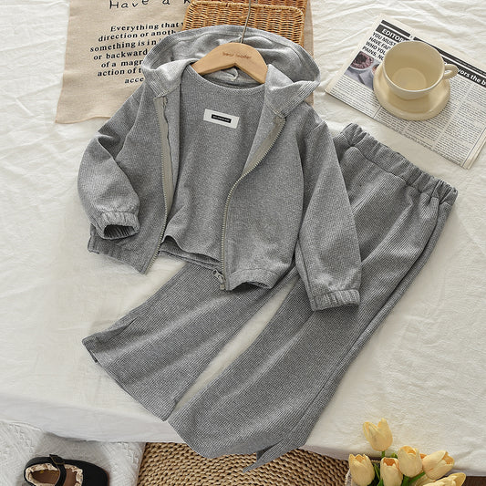 Hooded Sweat Jacket+Vest+Flared Trousers 3pcs Kpop Girls' Casual Set