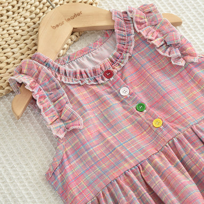 Girls' Plaid Outfit Sleeveless Ruffle Colorful Dress