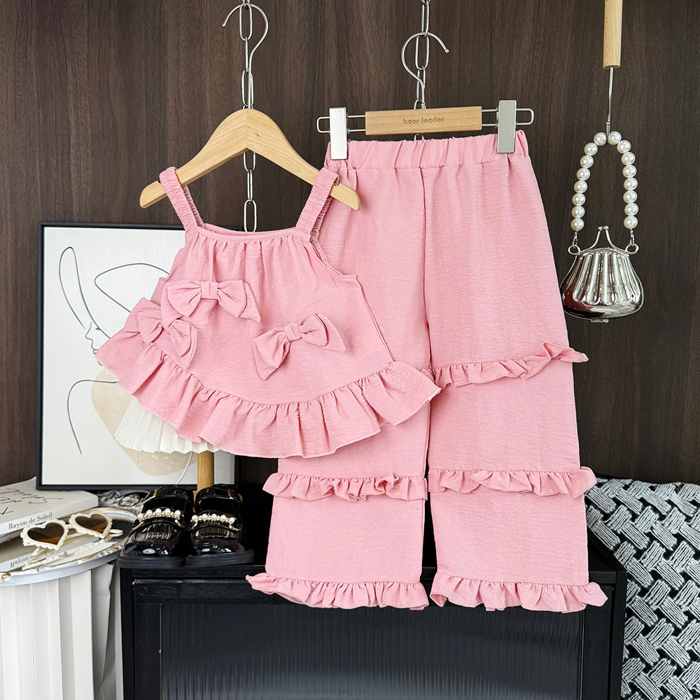 Girls' Bow-knot Sun-top+Ruffle Pant Set