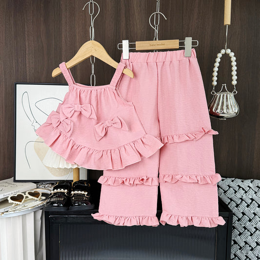 Girls' Bow-knot Sun-top+Ruffle Pant Set
