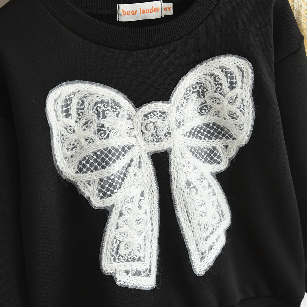 Girls' Lace Sweatshirt+Prints Flared Pants Cute Set