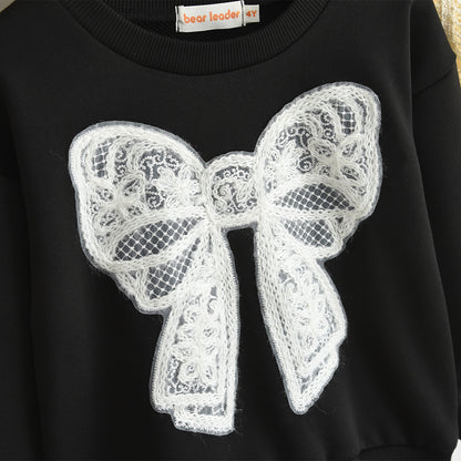 Girls' Lace Sweatshirt+Prints Flared Pants Cute Set
