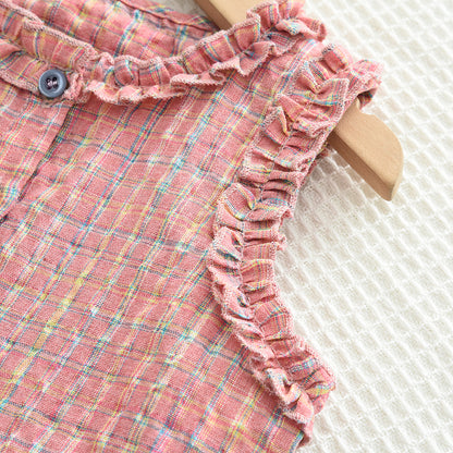 Girls' Ruffle Plaid Contrast Colors Vacation Set