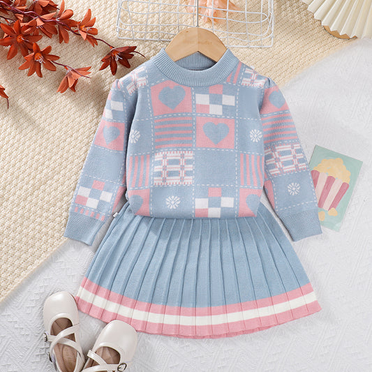 Girls' Geometric Patterns Knitted Suit Sweater Set