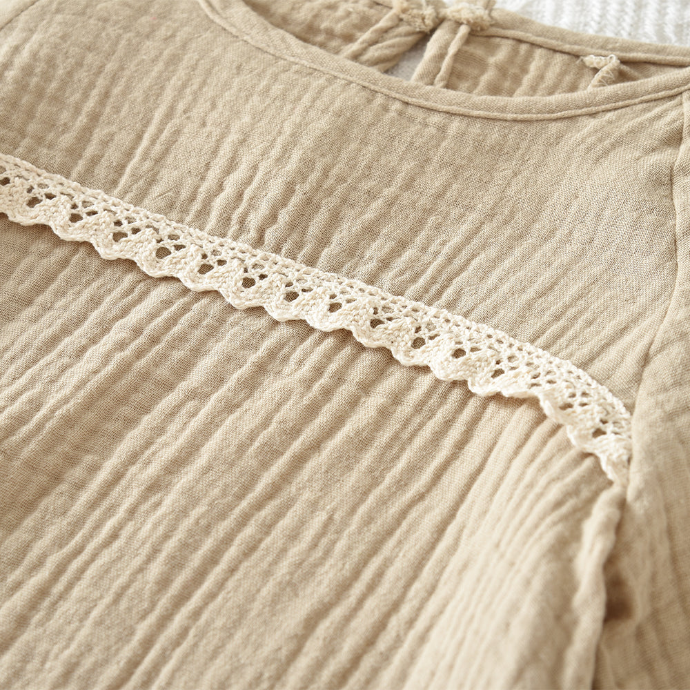 Girls' Pure Cotton Long Sleeve Blouse Lace 2pcs Set