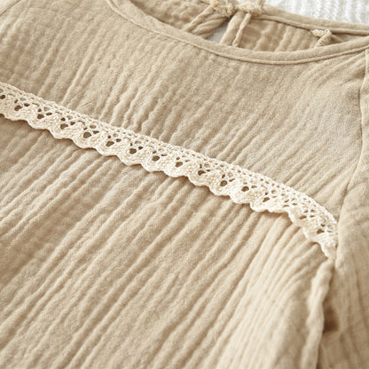 Girls' Pure Cotton Long Sleeve Blouse Lace 2pcs Set