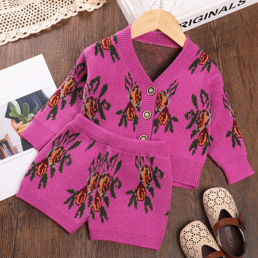 Girls' Ethnic Style Pattern Cardigan+Shorts Knitted Sweater Set