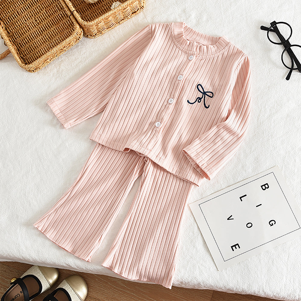 Girls' Ribbed Cardigan+Trousers Cute Baby Pajamas Set