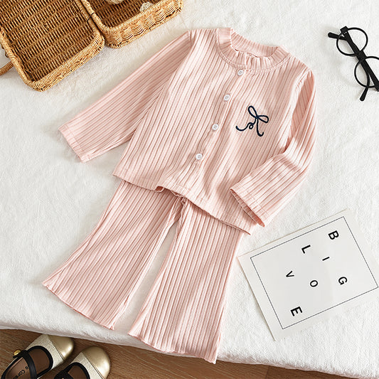 Girls' Ribbed Cardigan+Trousers Cute Baby Pajamas Set