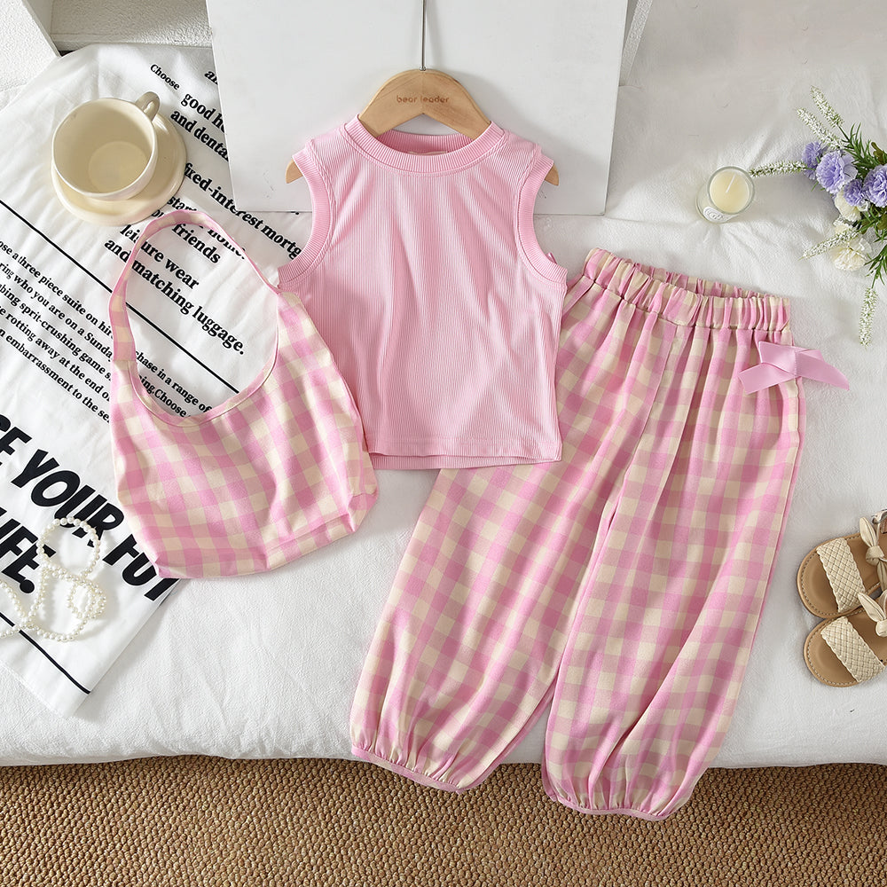 Kid Girl Casual Vest+Checkered Pants+Free Bag Cute Outfit