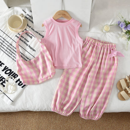 Kid Girl Casual Vest+Checkered Pants+Free Bag Cute Outfit