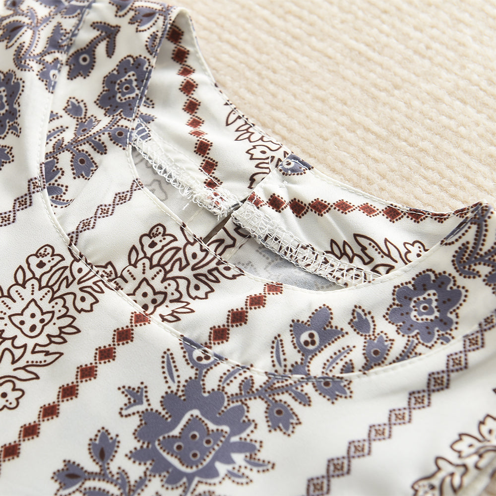 Girls' Ethnic Style Floral Print Ruffle Top+Flared Pants 2pcs Set