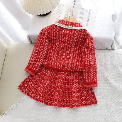 Girls' Plaid Pattern Knitted Cardigan+Skirt 2pcs Set