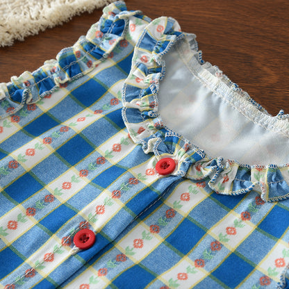 Floral Plaid Pattern Contrasting Colors Ruffle Girls' Summer Cute Set