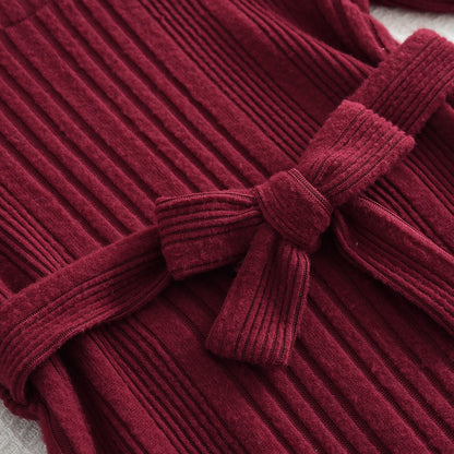 Girls' Wine Red Christmas Outfit Fluffy Patchwork Dress+A free beret