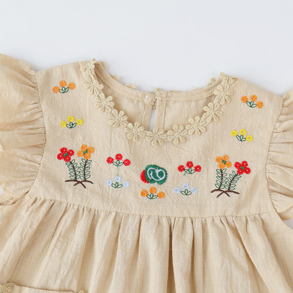 Girls' Floral Embroidery Pockets Cotton Dress