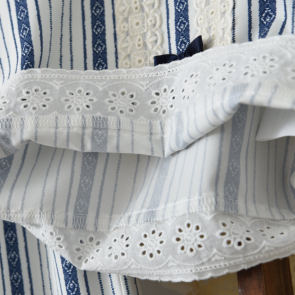Bow Lace Stripes Shirt+Ruffle Pants Girls' Stylish Summer Set