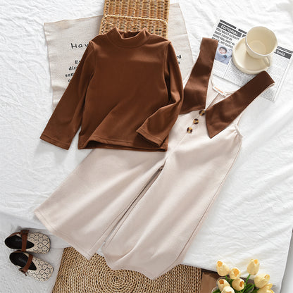High Collar Stretchy Long Sleeve T-shirt+Suspender Trousers Girls' Set