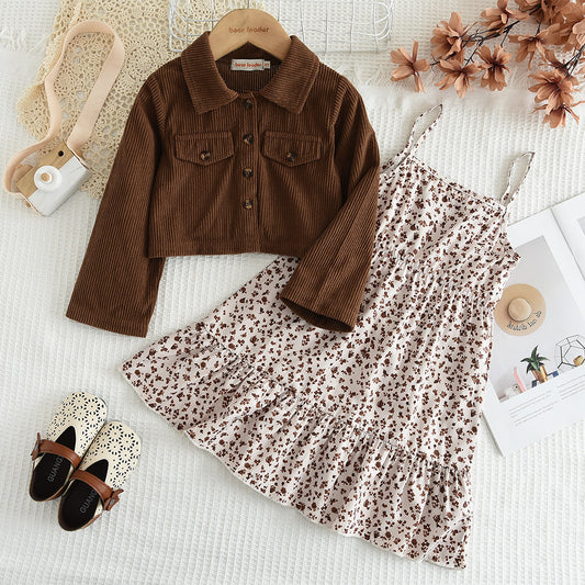 Girls' Corduroy Jacket+Printing Sun Dress Vintage Set