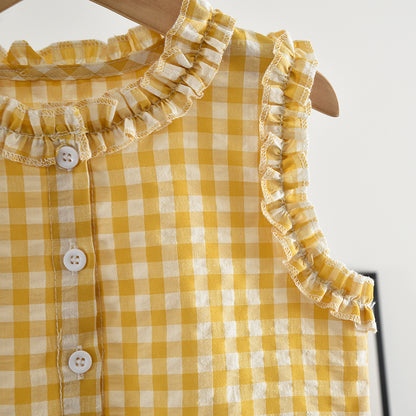 Fresh Plaid Ruffle Shirt+Casual Pants Girls' Cute Set