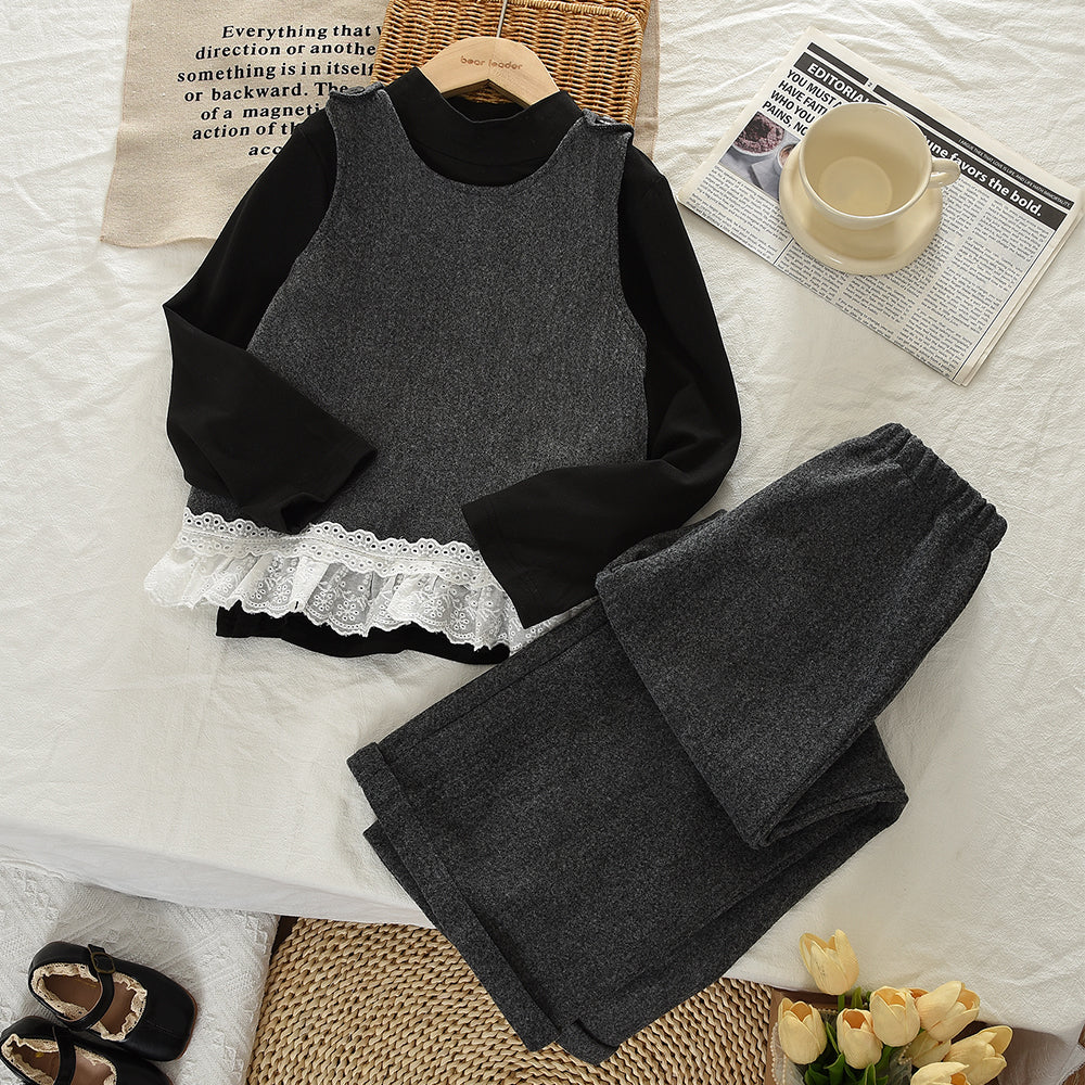 Long Sleeve T-shirt+Lace Vest+Wide Leg Pants Girls' 3pcs Fashion Outfit