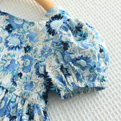 Girls' Floral Prints Art Blue Casual Dress