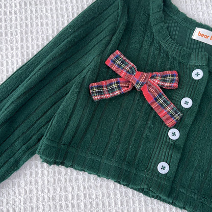 Girls' Color Blocking Plaid Dress+Bow Cardigan 2pcs Christmas Outfit