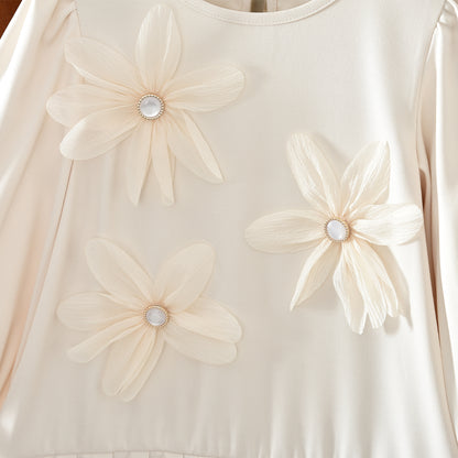Girls' Long Sleeve Flowers Pleated Dress
