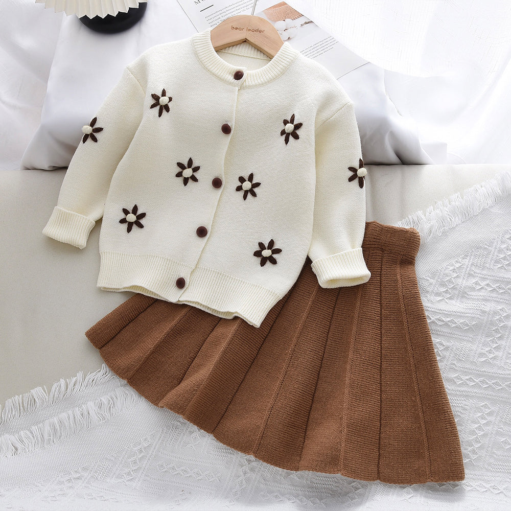 Girls' 3D Floral Cardigan+Pleated Skirt Knitted Sweater Set