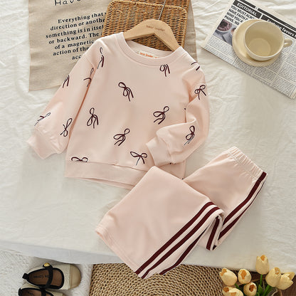 Girls' Bow Print Sweatshirt Stripes Sweatpants 2pcs Casual Set Girls Clothes