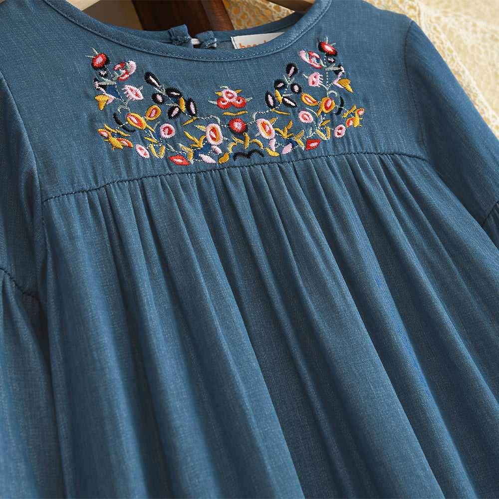 Girls' Long Sleeve Jean Blue Floral Embroidery Dress