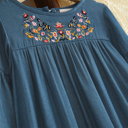 Girls' Long Sleeve Jean Blue Floral Embroidery Dress