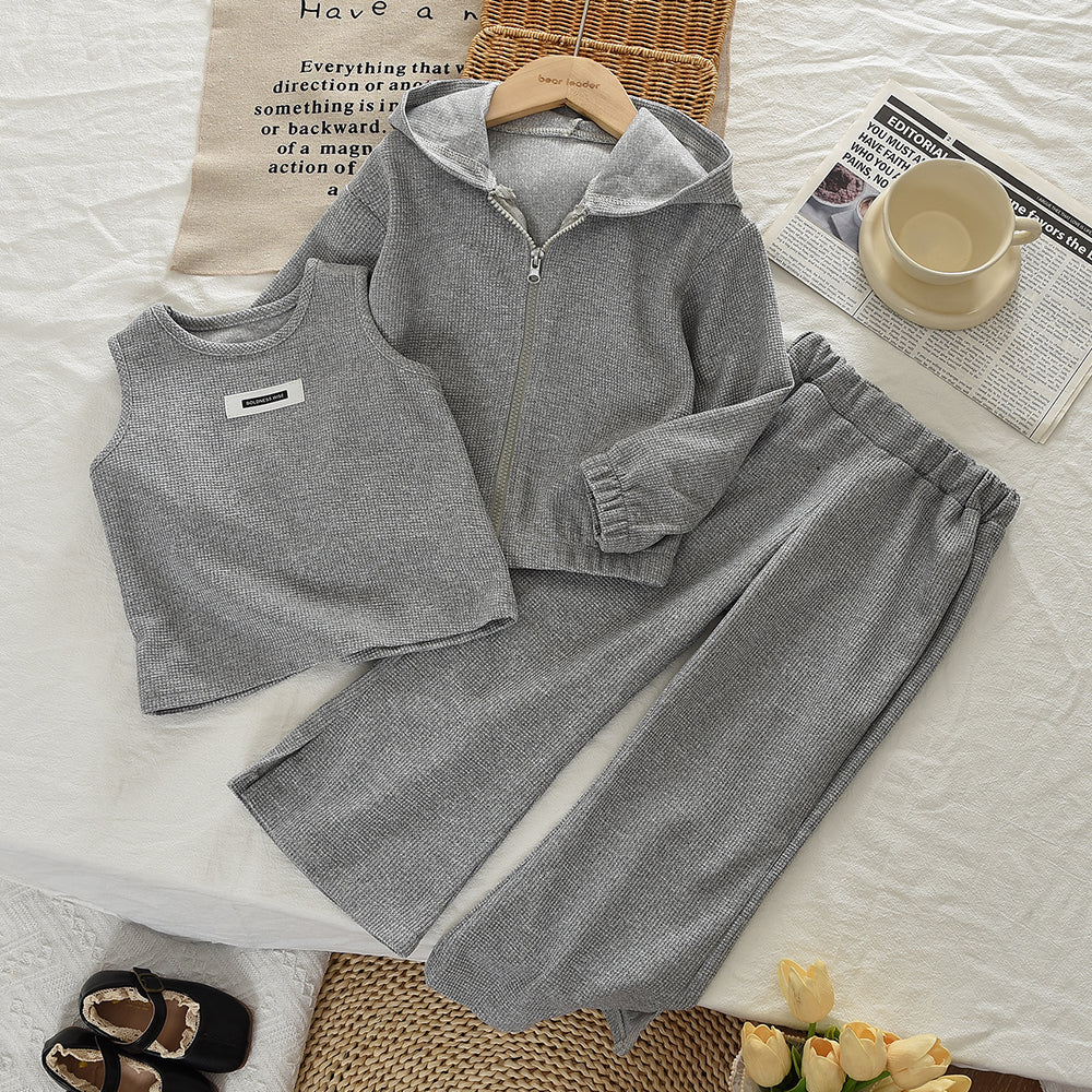 Hooded Sweat Jacket+Vest+Flared Trousers 3pcs Kpop Girls' Casual Set