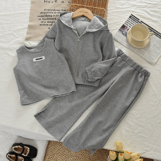 Hooded Sweat Jacket+Vest+Flared Trousers 3pcs Kpop Girls' Casual Set