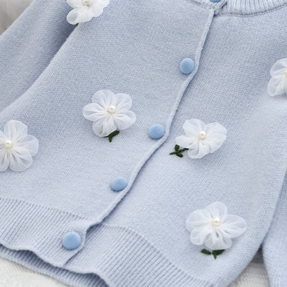 Girls' Lace Flowers Knitted Cardigan+Skirt 2pcs Set