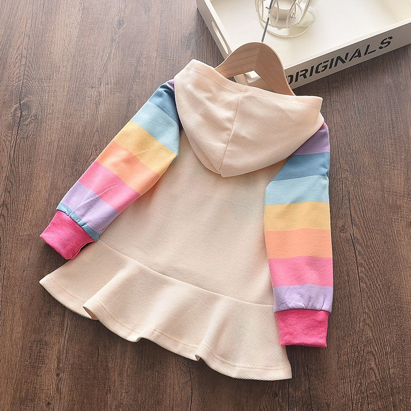 Girls' Rainbow Patch Colorful Hooded Sweat Dress