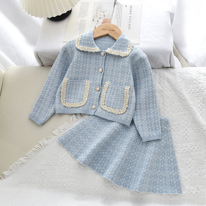 Girls' Plaid Pattern Knitted Cardigan+Skirt 2pcs Set