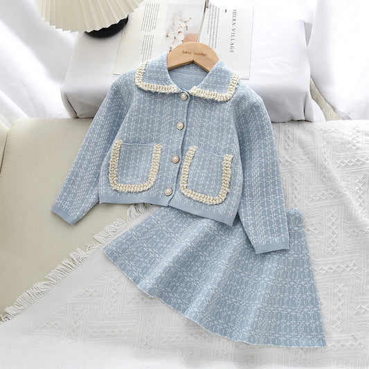 Girls' Plaid Pattern Knitted Cardigan+Skirt 2pcs Set