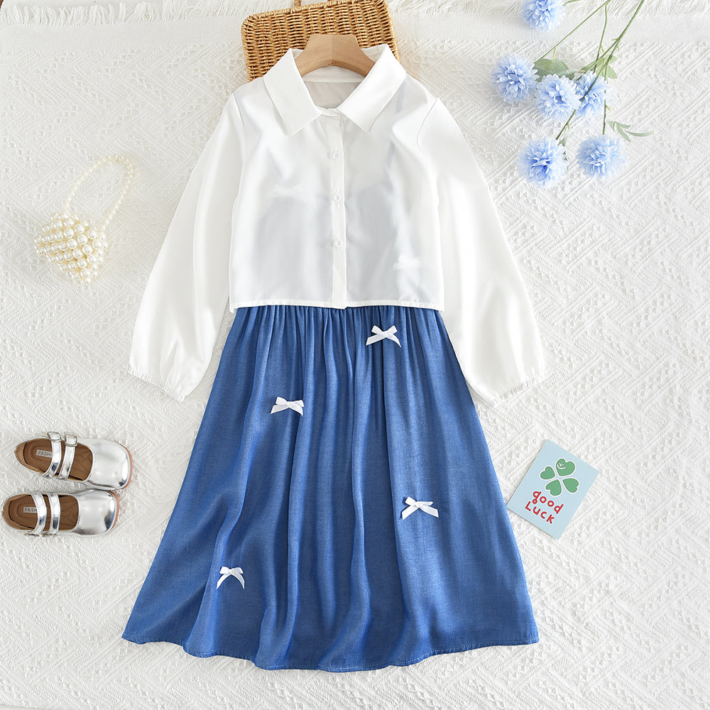 Girls' Bow Sundress+Classic Blouse 2pcs Fashion Set