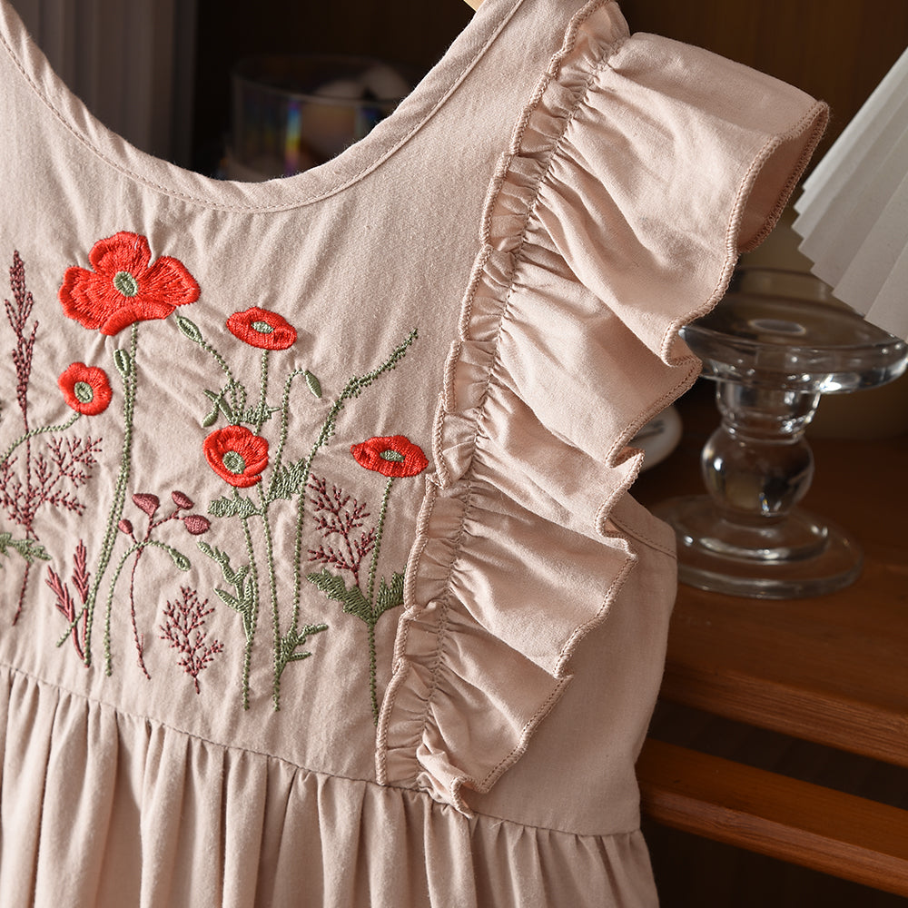 Floral Embroidery Ruffle Outfit Girls' 100% Cotton Casual Dress