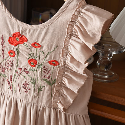 Floral Embroidery Ruffle Outfit Girls' 100% Cotton Casual Dress