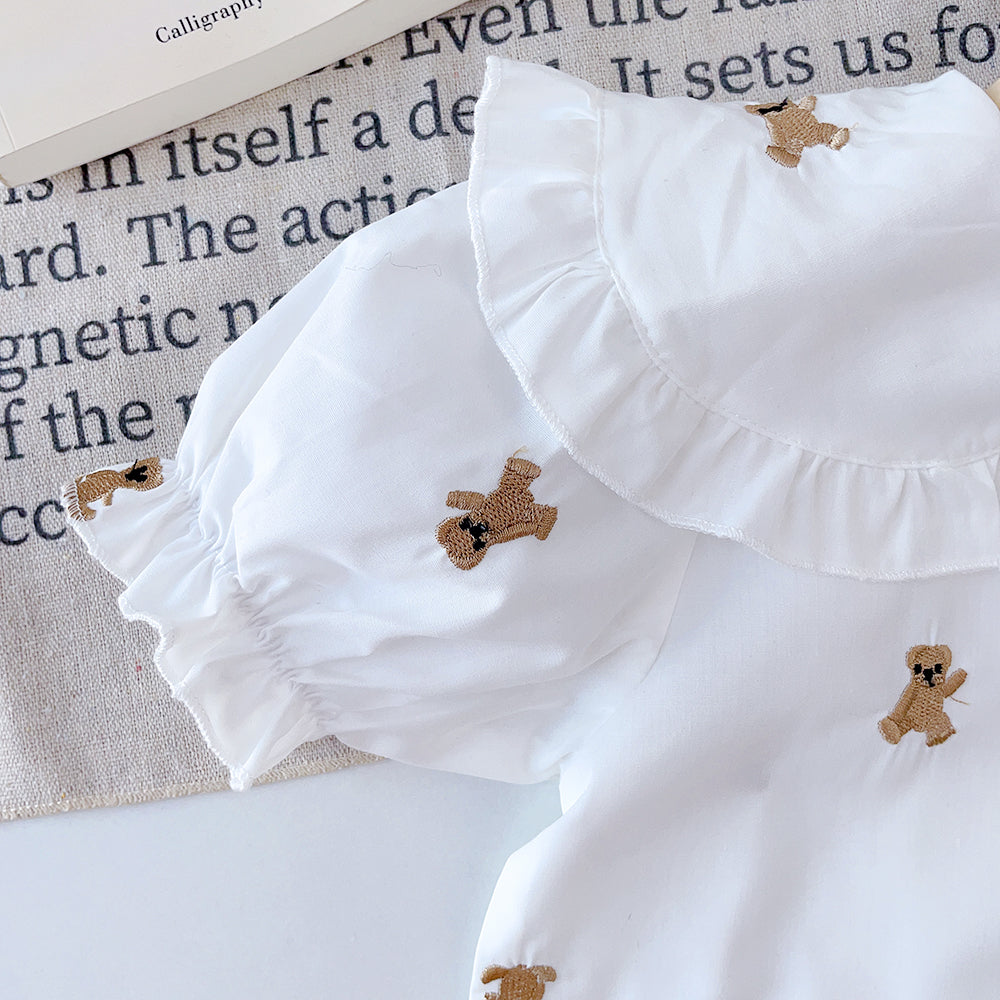 Girls' Cartoon Embroidery Shirt+Skirt Set