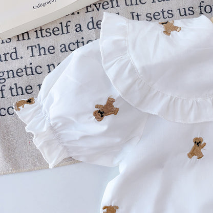 Girls' Cartoon Embroidery Shirt+Skirt Set