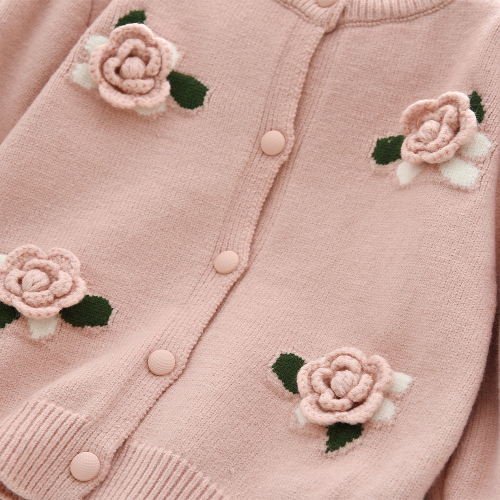 Girls' 3d Flowers Knitted Cardigan+Skirt 2pcs Sweater Set