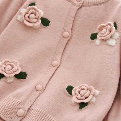 Girls' 3d Flowers Knitted Cardigan+Skirt 2pcs Sweater Set