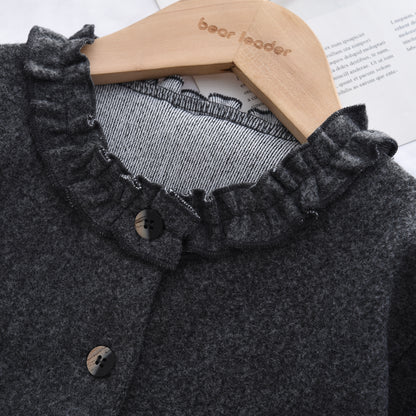 Girls' Pockets Ruffle Coat+Skirt 2pcs Vintage Set