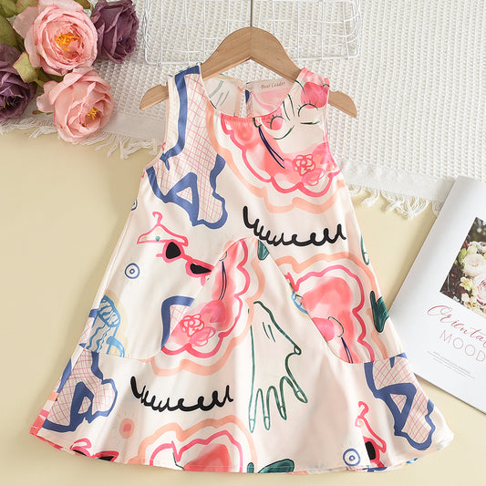Girls' Sleeveless Print Casual Dress