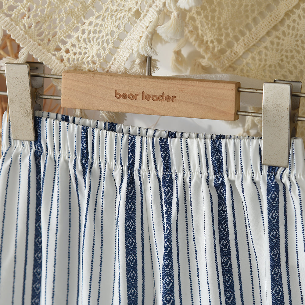 Bow Lace Stripes Shirt+Ruffle Pants Girls' Stylish Summer Set