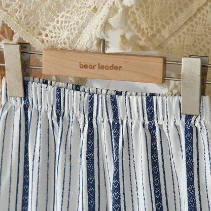 Bow Lace Stripes Shirt+Ruffle Pants Girls' Stylish Summer Set