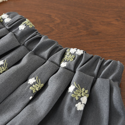 Cute Floral Embroidery Lace Shirt+Pleated Skirt Girls' Vintage Set
